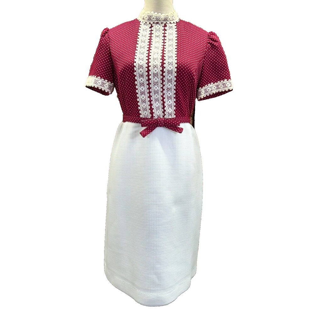 Vintage Adorable 70's MOD Lace High Mock Neck Puff Sleeve Bow Belt  Dress NICE!